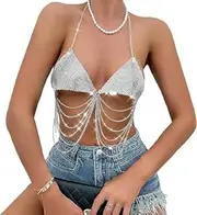 [Generic] Women Sparkly Rhinestones Heart Shape Crop Bra Sexy Halter Camis Rave Top, Music Festival Beach Night Out Camisole ﻿