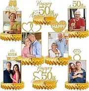 8 Pcs 50th Wedding Anniversary Decorations Table Honeycomb Centerpieces for Women Men Gold Glitter Anniversary Photo Table Centerpiece Party Supplies 50th Anniversary Table Toppers Centerpieces