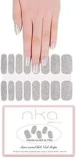 NKA Semi Cured Gel Nail Polish Strips, 16 Extra Long Double Ended Nail Stickers Wraps, UV Lamp Curing Gel Nail Strip, SILVER GLITTER