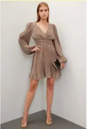 Jewel Badgley Mischka Beige Brown Balloon Long Sleeve Mini Dress Size 12