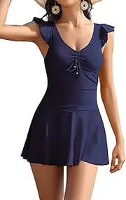 [SHEKINI] Women's One Piece Ruffle Swimsuit Tie Knot Front Ruched Vintage Swimdress