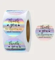 Roll 500 Thank You For Supporting Small Business Stickers Silver Holographic 1”