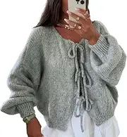 [Generic] Women Knitted Tie Front Cardigan Tops Casual Knitwear Top Long Sleeve Open Front Baggy Sweater Y2k
