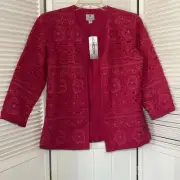 CHICOS Womens 0 Jacket NWT Vivacious Pink Silver Eyelet Bloom Floral Open Blazer