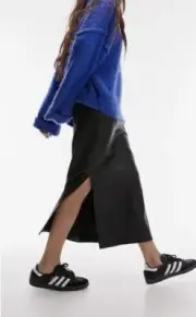NWT Topshop Midi Black Faux Leather Skirt With Side Split Zip Close Sz 8
