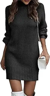[Aosufei] Women's Turtleneck Ribbed Casual Dress Long Sleeve Slim Sweater Dress Knitted Work Midi Dresses