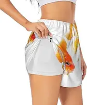 [WURTON] Cute Goldfishes Print Exercise Gym Workout Shorts Women's Athletic Shorts Dual-Layered Yoga Running Shorts