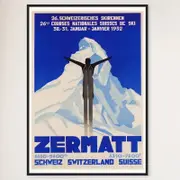 Galrie Vintage 1932 Zermatt Switzerland Ski Poster - Aerial Art for Ski Lovers, Black Frame, A2 42 x 60cm (16 x 24inch)