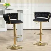 [SERENITà] Black and Gold Velvet Bar Stools, Counter Height with Back Support, 64-85cm Adjustable Height, Set of 2
