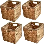 Wicker Storage Cubes 12x12 Set of 4, Heavy Duty Water Hyacinth Baskets for Shelf, Storage Cube Bins, Natural Foldable Square Baskets, Rattan Basket, Ikea Kallax Inserts (Mix Water Hyacinth & Seagrass)