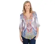One World S Navy Peach BOHO Paisley Print Embellished Sublimation Top NWT
