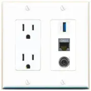 3 Port Power Outlet Cover Plug Jack UL 2 Gang 3-5MM CAT7 USB-3 Wall Plate