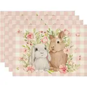 Set of 4 Easter Plaid Bunny Rabbit Flowers Buffalo Plaid Placemats 12x18 Inch for Party Kitchen Dining Room Decoration