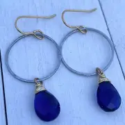 Min Favorit Cobalt Blue Quartz Hammered Gunmetal Ring & Gold Artisan Earrings