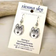 Sienna Sky Earrings Sterling Silver Hook Hand Painted Gray Wolf Handmade in USA