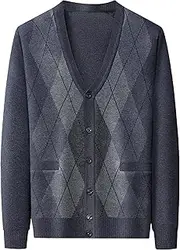 [SWJGLITTR] Men V Neck Sweater Cardigan Buttons Argyle Pattern Mens Cardigans Wool Blend Cable Knit Sweaters Jacket, A6 Grey 1, Medium