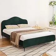 Artiss Queen Bed Frame Platform Wooden Base Beds Headboard with Storage Bedroom Room Decor Home Furniture, Upholstered with Velvet Fabric + Foam + Wood, Modern Design Dark Green