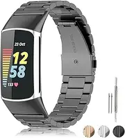 Metal Bands compatible with Fitbit Charge 6/Charge 5,Adjustable Metal Watch Bands straps Bracelets,Stainless Steel Wristbands Replacement for Women Men,Smart Watch Accessories (A-Black)