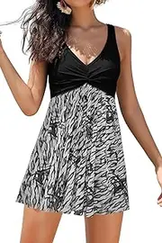 [SHEKINI] Women's Swimdress One Piece V Neck Swimming Costume Splice Printed Mesh Soft Cup Padded Elegant Bathing Suit Tummy Control with Boyshort