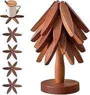 Wooden Trivets for Hot Dishes - Tree Shape Set With 4 Trivets + 1 Stand, Stored Like a Christmas Tree (Walnut Wood)