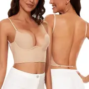 Low Back Bras For Women-seamless Deep U Plunge Backless Bras Convertible Multiway Low Cut Open Back Bra Halter Bras Nude 34DD