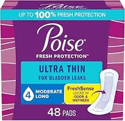 Poise Ultra Thin Incontinence Pads & Postpartum Incontinence Pads, 4 Drop Moderate Absorbency, Long Length, 48 Count, Packaging May Vary