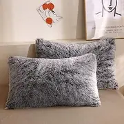 XeGe Faux Fur Throw Pillow Cases, Plush Shaggy Ultra Soft Pillow Covers, Fluffy Crystal Velvet Decorative Pillowcases, Furry Fuzzy Pillow Shams Zipper Closure, Set of 2(Standard, Black Ombre)