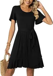 [Aodemo] Women's 2023 Summer Casual Flutter Sleeves T-Shirt Dresses Ruffle Hem Swing Tie Waist Dress