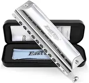 [East top] Chromatic Harmonica Key of C, 10-Hole 40 Tones Silver Professional Mouth Organ Harmonica for Professional adults, Beginner, Students and Children