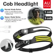 New Waterproof Headlamp COB LED Motion Sensor Head Torch USB Rechargeable Light