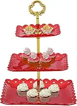 uxcell 2Pcs 3-Tier Cupcake Stand Holder, Plastic Square Tiered Serving Stand, Mini Cakes Fruit Candy Display Dessert Tower Tray for Tea Party, Wedding, Red
