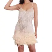 Women"s Feathers Fringe Sequin Dress Deep V Neck Sequins Tassel Dance Party Dress Champagne Gold M