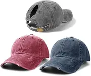 [Lvaiz Hats] 3 Pack Baseball Caps with Ponytail Holes for Women Cotton Washed High Bun Dad Hats Distressed Adjustable Breathable Golf Hats