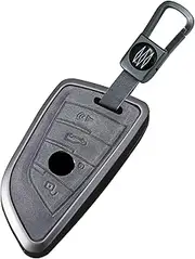 HIBEYO 4 Button Key Fob Cover Compatible with BMW 2 5 6 7 Series X1 X2 X3 X5 X6 X7 Alloy Key Case&Smooth Leather Surface Fashion High-end Key Cover Accessories-Square Keychain