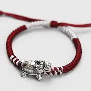 [QSAENHA] Feng Shui Wealth Bracelet Dragon Tibetan 999 Pure Silver Bracelet Red Chinese Antique Style Auspicious Lucky Charm Bangle Prosperity for Money Good Luck Longevity/1948