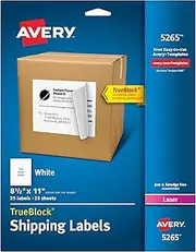 Avery Full Sheet Printable Shipping Labels, 8.5" x 11", White, 25 Blank Mailing Labels (5265)