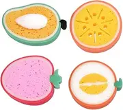IWOWHERO 4pcs Fruit Shaped Bath Sponges for Boy Girl Cute Mango Honey-dew Melon Orange Strawberry Design Gentle Body Scrubbers for Tender Skin Durable and Exfoliating Bathing Tools