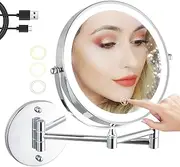 REWIS 8" Brass Wall Mounted 2 Side Magnification Makeup Mirror, Rechargeable 3-Color Dimming LED Cosmetic Mirror, Adjustable Rotation HD Lighted Shaving Mirror,Silver,3X