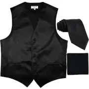 New Men's Horizontal Stripes Tuxedo Vest Waistcoat_tie & hankie Set black formal