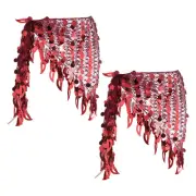 Belly Dance Hip Scarf Sequin Mesh Triangle Wrap Skirts(Dark Red, Pack of 2)