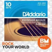10 Pack of D'Addario EJ16 Acoustic Guitar Strings Phosphor Bronze 12-53 Light