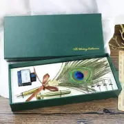 Peacock Feather Quill Pen Ink Set- Vintage Writing Feather Calligraphy Pen with