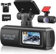 [podofo] 4K Dash Cam Front and Rear 1.5” HD Mini Dashcam with WiFi & Apps & 64GB Card Dual Camera Recording Car Recorder 1080P Rear Pull + Gravity Sensor + Loop recording + 24 Hours Parking Monitoring