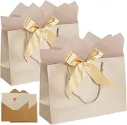 FayrVind 2 Pack 28x20x10CM Bow Handles Gift Bags with Tissue Papers ＆ Greeting Cards for Mothers Day Wedding Bridesmaid Birthday Shopping Celebration Christmas