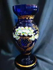Bohemia crystal glass blue vase 27 cm decorated gold and enamel
