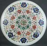15 Inches Multicolor Stone Inlay Work Coffee Table Top White Marble End Table