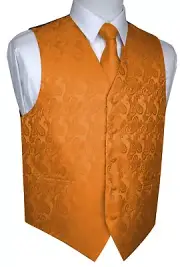 MEN'S ORANGE PAISLEY FORMAL TUXEDO VEST, TIE & HANKIE SET. WEDDING, FORMAL, PROM
