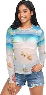 [RPLIFE] Beach Starfish Shell Long Sleeve Fishnet Top, Womens Sheer Long Sleeve Top S-XXL