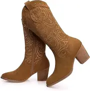 [SHIBEVER] Cowboy Cowgirl Boots for Women: Wide Calf Western Pointed Toe Chunky Heel Suede Embroidered Mid Calf Boot