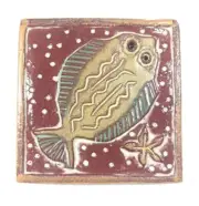Flounder 4x4 ceramic tile, handmade, high relief, notch to hang